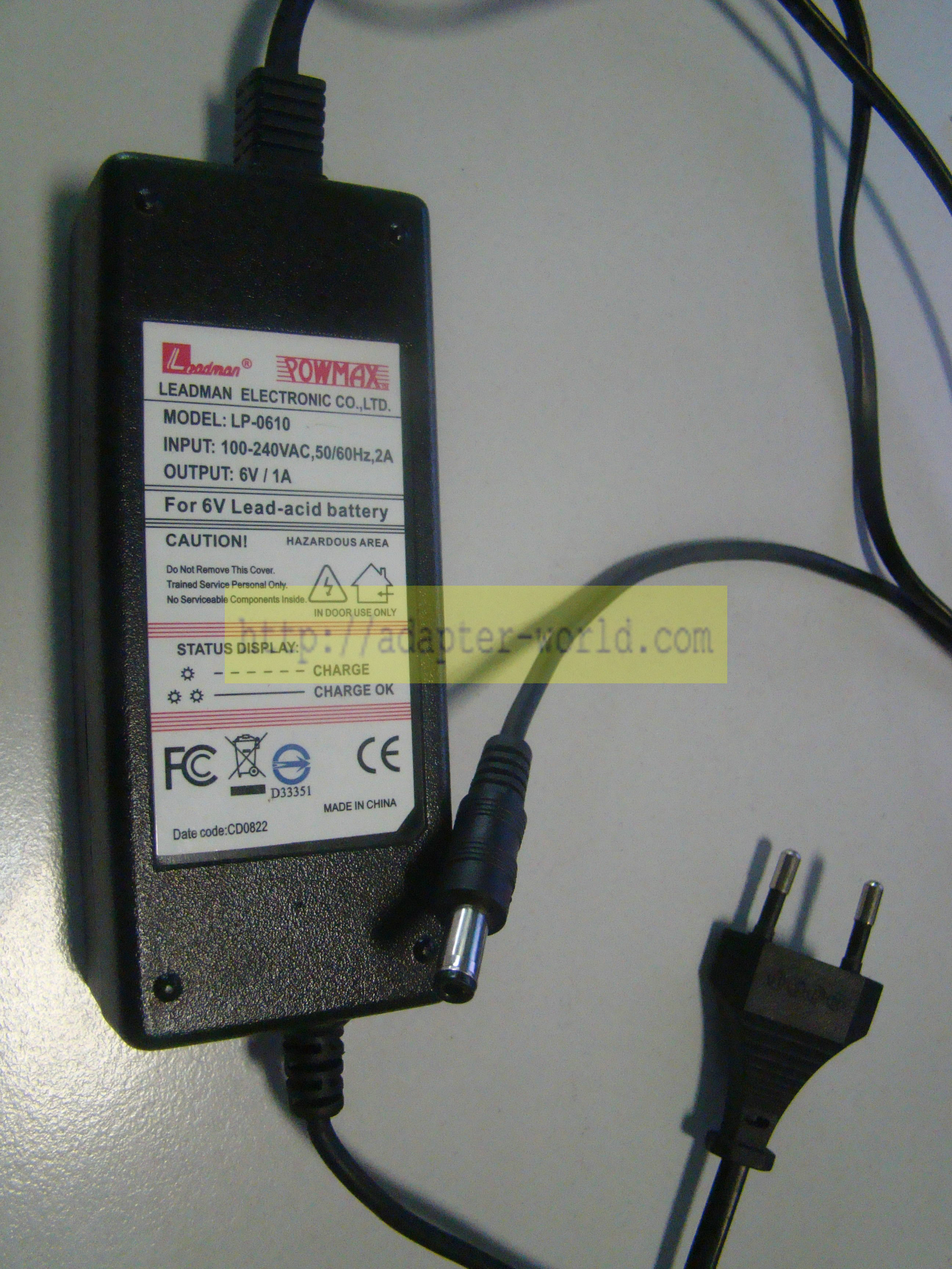 New LEADMAN POWMAX LP-0610 AC Adapter FOR 6V Lead-acid battery